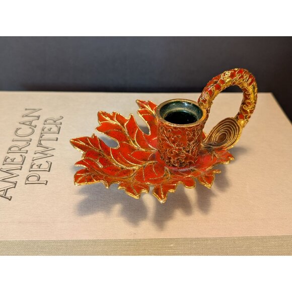 Vintage Leaf-Shape Red & Gold Cloisonne Candle Holder 5.5" Ornate Handcrafted - Picture 1 of 8